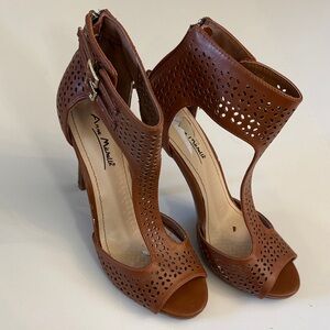 Anne Michelle Tan Perforated Peep-Toe High Heels